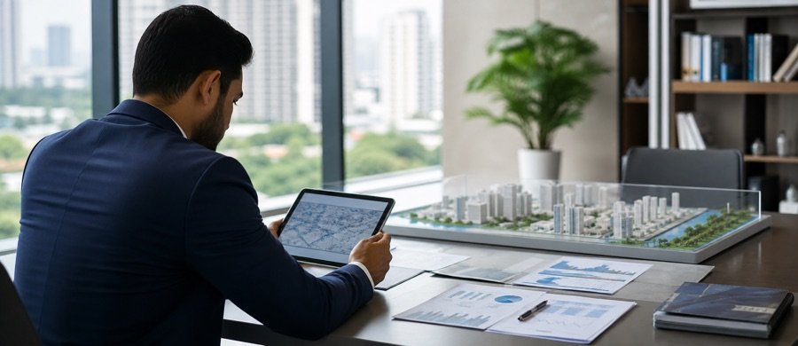 Insurance professional assessing business and infrastructure risks
