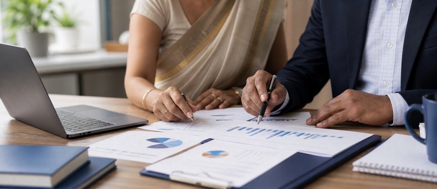 Professionals reviewing pension and employee-benefit projections
